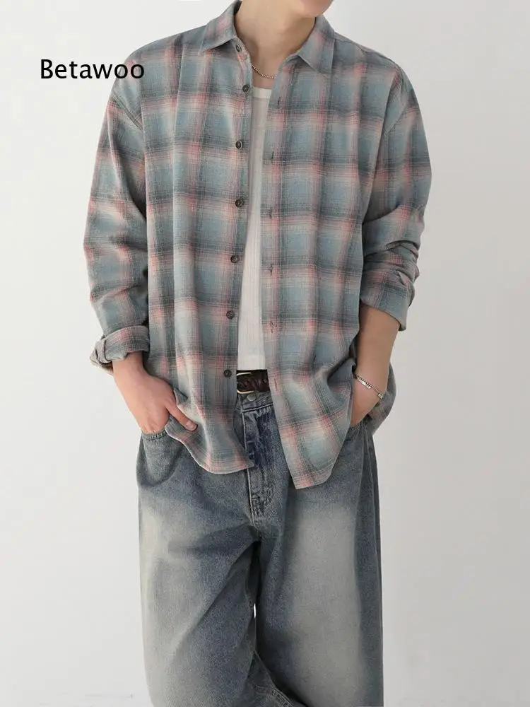 Color Block Plaid Long Sleeve Shirt For Men Autumn Lazy Style Casual Blouse Korean Trendy Lapel Top For Everyday Casual Outfi