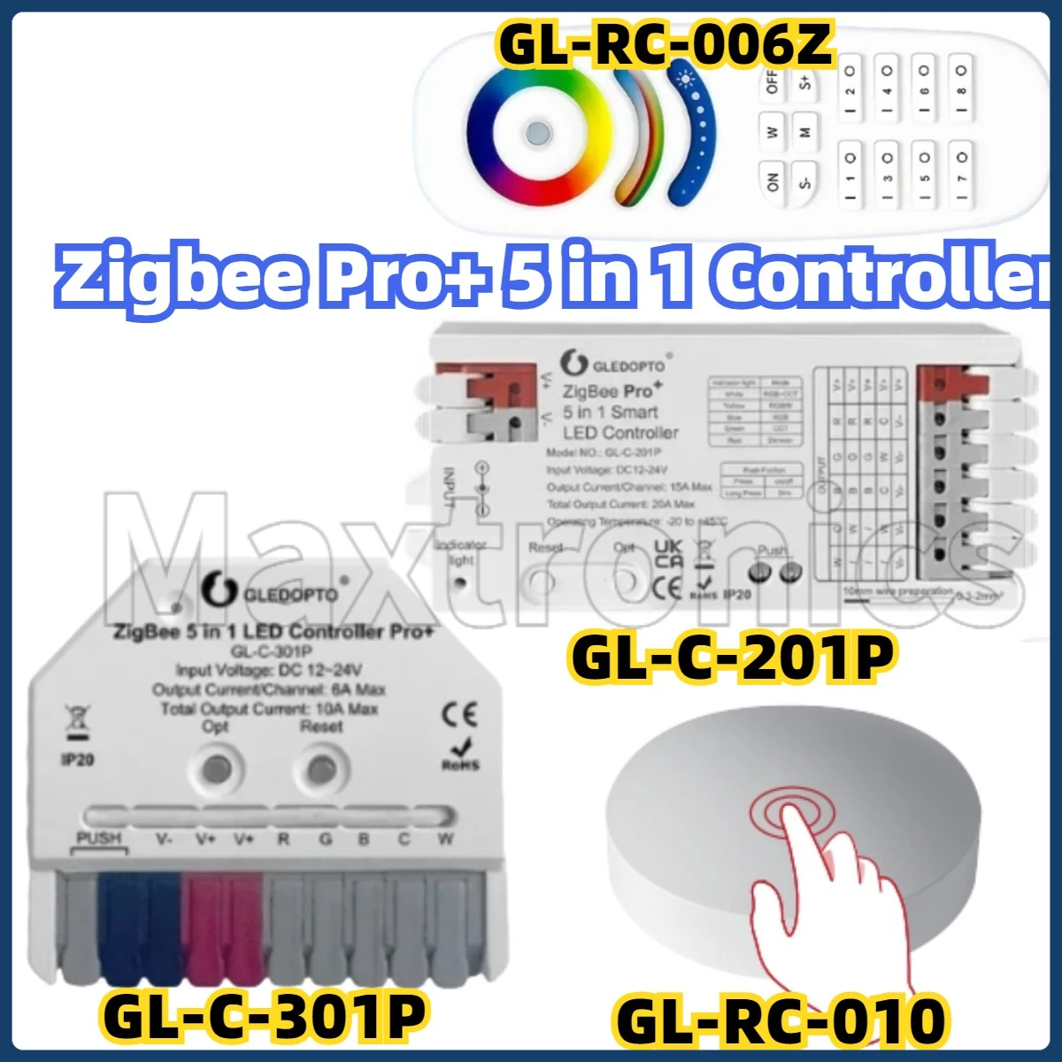

Zigbee Pro+ 5 in 1 LED Strip Controller 10A Max Alexa Tuya Smart APP Voice RF Remote Control GLEDOPTO RGBCCT/RGBW/RGB/CCT/Dimmer