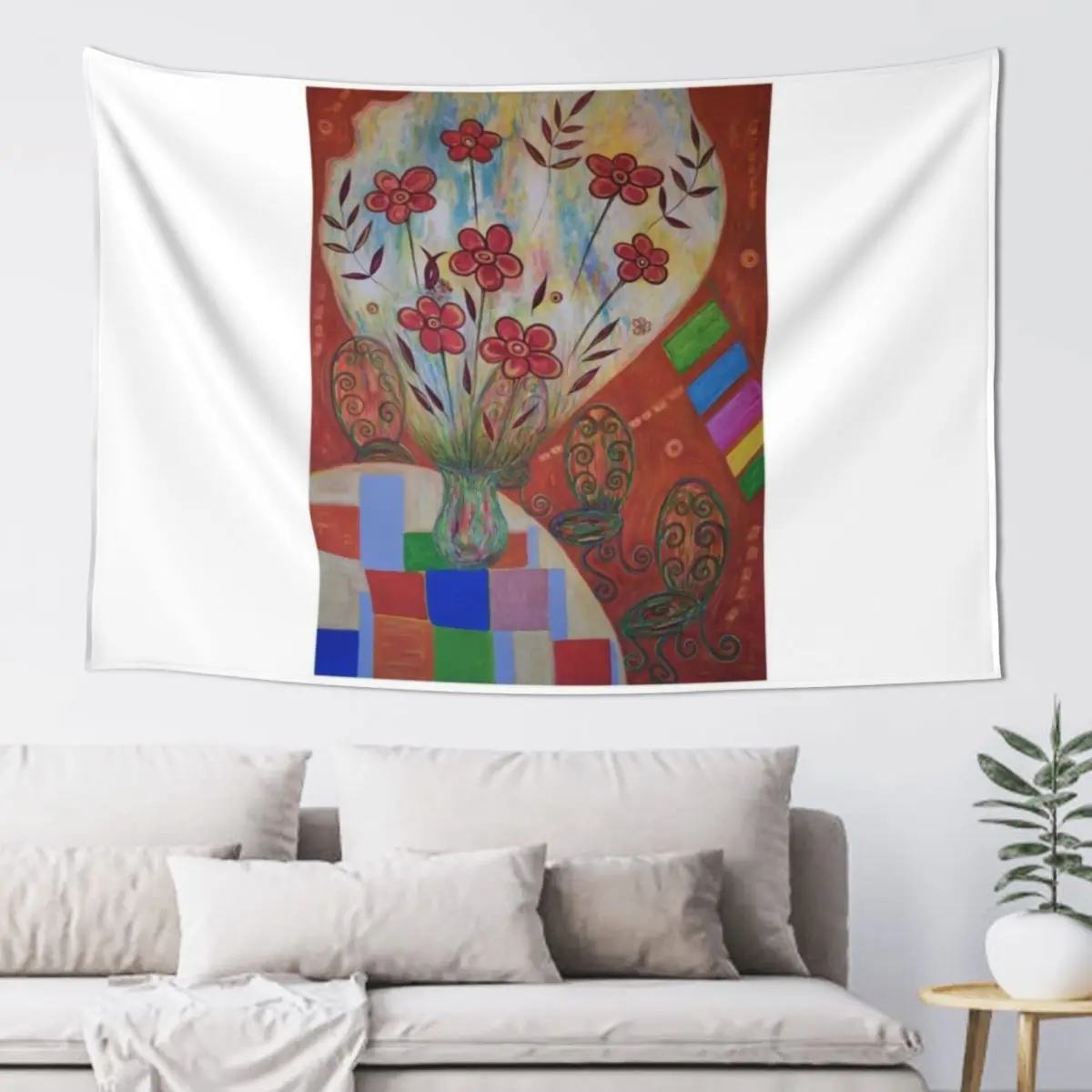 

Matisse Flower Vase. Leaves. Coloured squares. Orange red. Tapestry Aesthetic Room Decors Custom Tapestry