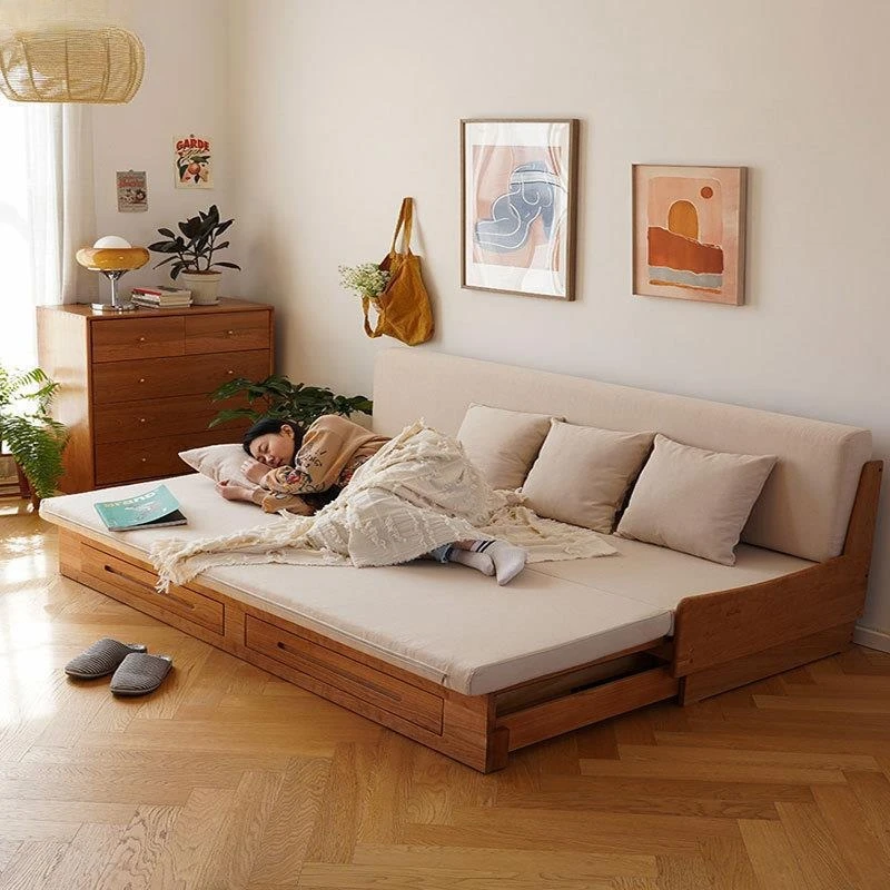 Cherry wood sitting and lying dual-purpose, sofa bed all solid wood pull-out type, small apartment storage technology cloth
