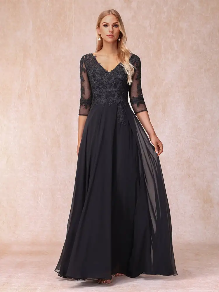 

Chiffon V-neck A-line Bride's Mother Dresses Elegant Three Quarter Floor-Length Appliques Evening Gowns Wedding Party Dress