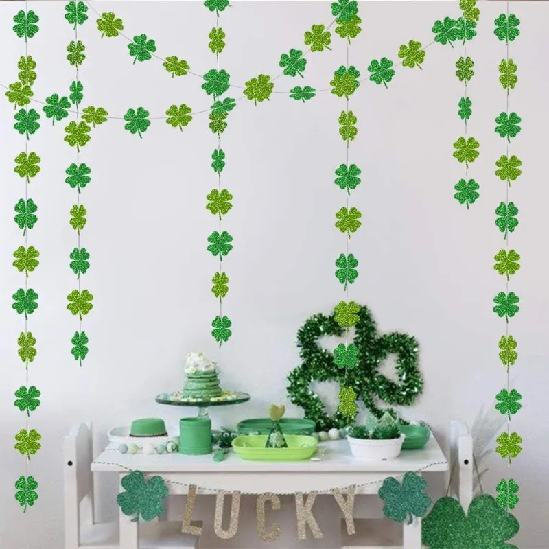 Green Glitter Shamrock Clover Hanging Garland Banner Backdrop for St Patricks Day Spring Birthday Tropical Irish Party Supplies