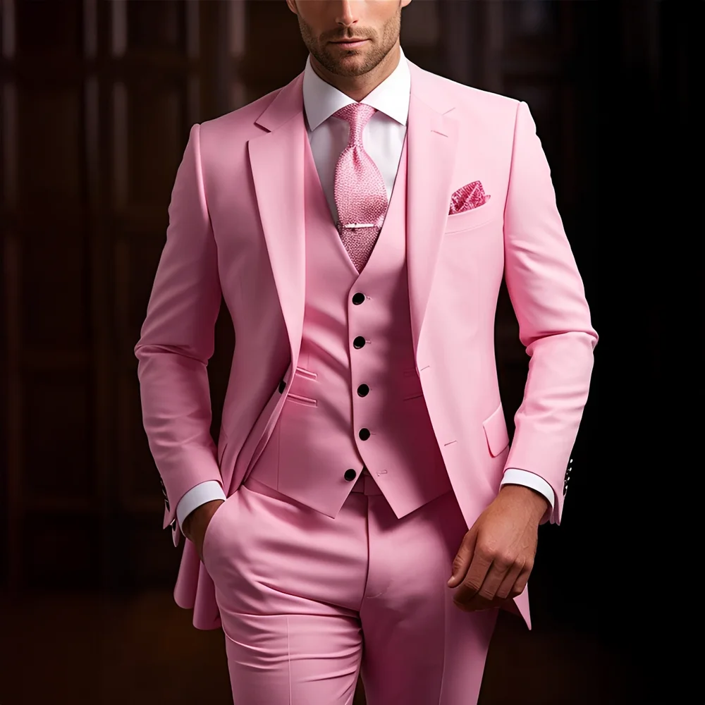 

Men Suits 3Piece Pink Fashion Classic Plain Color Wedding Formal Slim+Pants+Vest Groom Tuxedo Custom Outfit