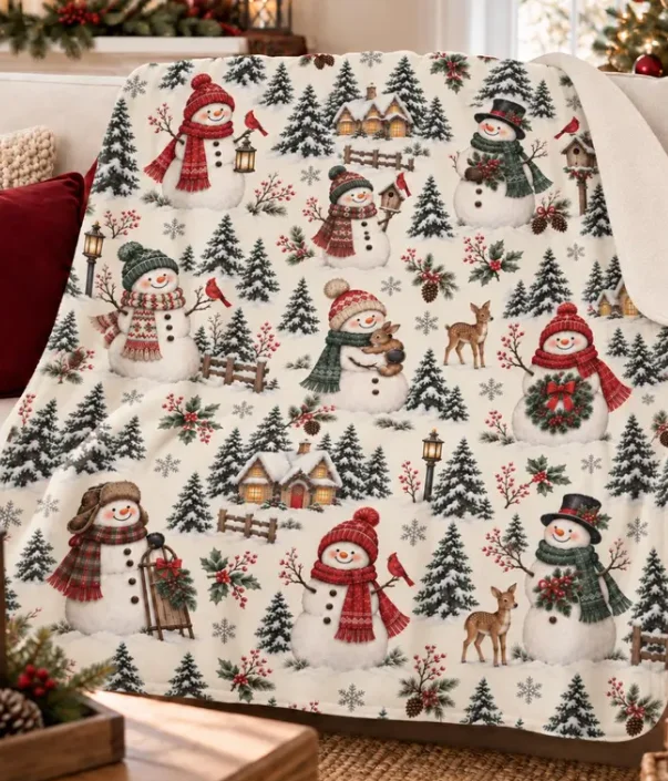 Snowman Christmas Sherpa Blanket Cozy Winter Village Throw Vintage Holiday Decor Woodland Christmas Gift Her and Kids Blanket