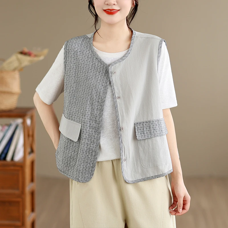 

round Neck Open Cardigan Vest Sleeveless Asymmetrical Outerwear Cotton Blend Breathable Single Button Closure Women's Jacket