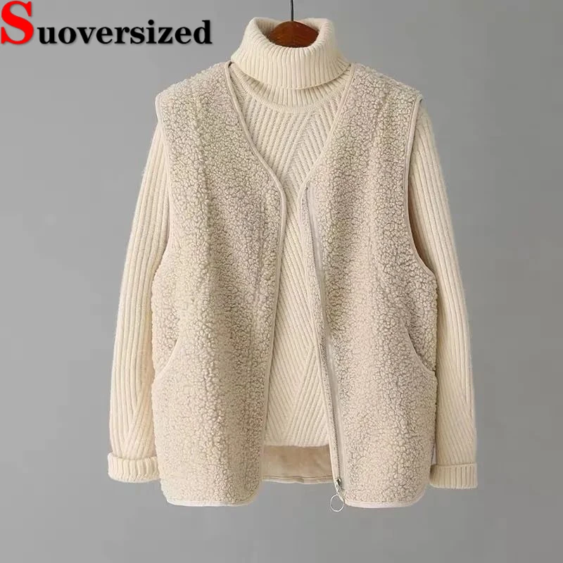 

Autumn Winter Teddy Vest For Women Faux Lamb Wool Chaleco Mujer Oversized 4xl Loose Waistcoat Korean Zipper Sleeveless Jackets