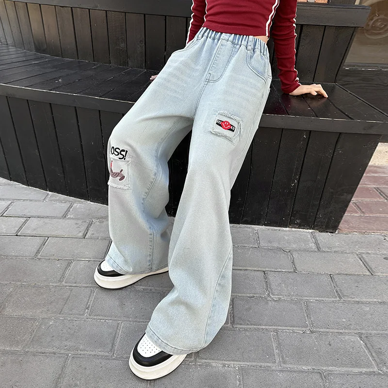 Kids Child New Design Loose Straight Dog Embroidery Broken Jeans For Teens Girl Retro Relaxed Fit Destroyed Denim Pants Trousers