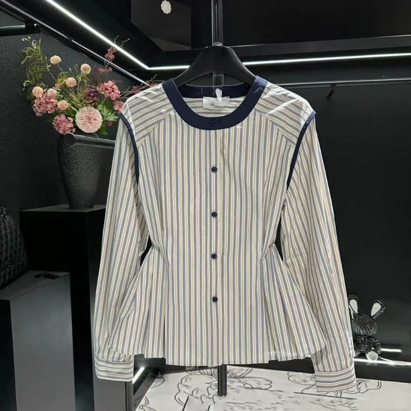 

Корейский стиль, дизайн, контрастные цветные полоски, рубашка с длинными рукавами, женская осенняя новинка, стильный шикарный и утягивающий топ в светском стиле