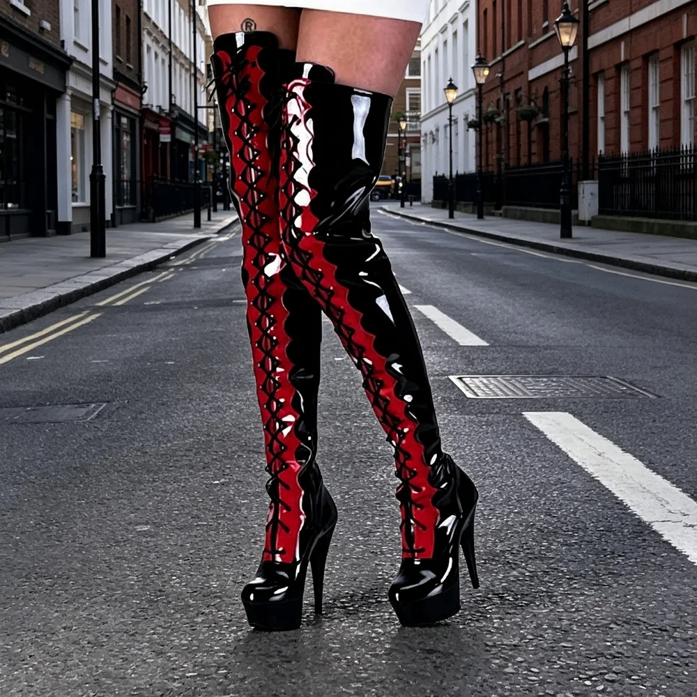 

15cm Goblet High Heels Women Thigh Boots,Night Club Pole Dancing Shoes,Over The Knee Platfrom Botas,Front Lace-up,Custom Colors
