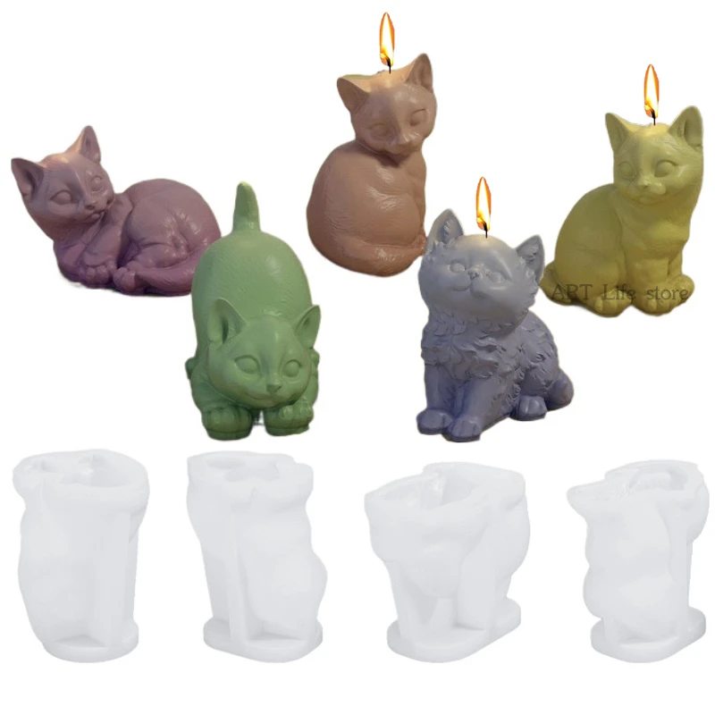 Mini molde de silicona para velas de gato, artesanías de la serie 3D para gatos, molde de cemento y jabón de resina de yeso, herramientas para hornear pasteles de chocolate y modelado de animales DIY