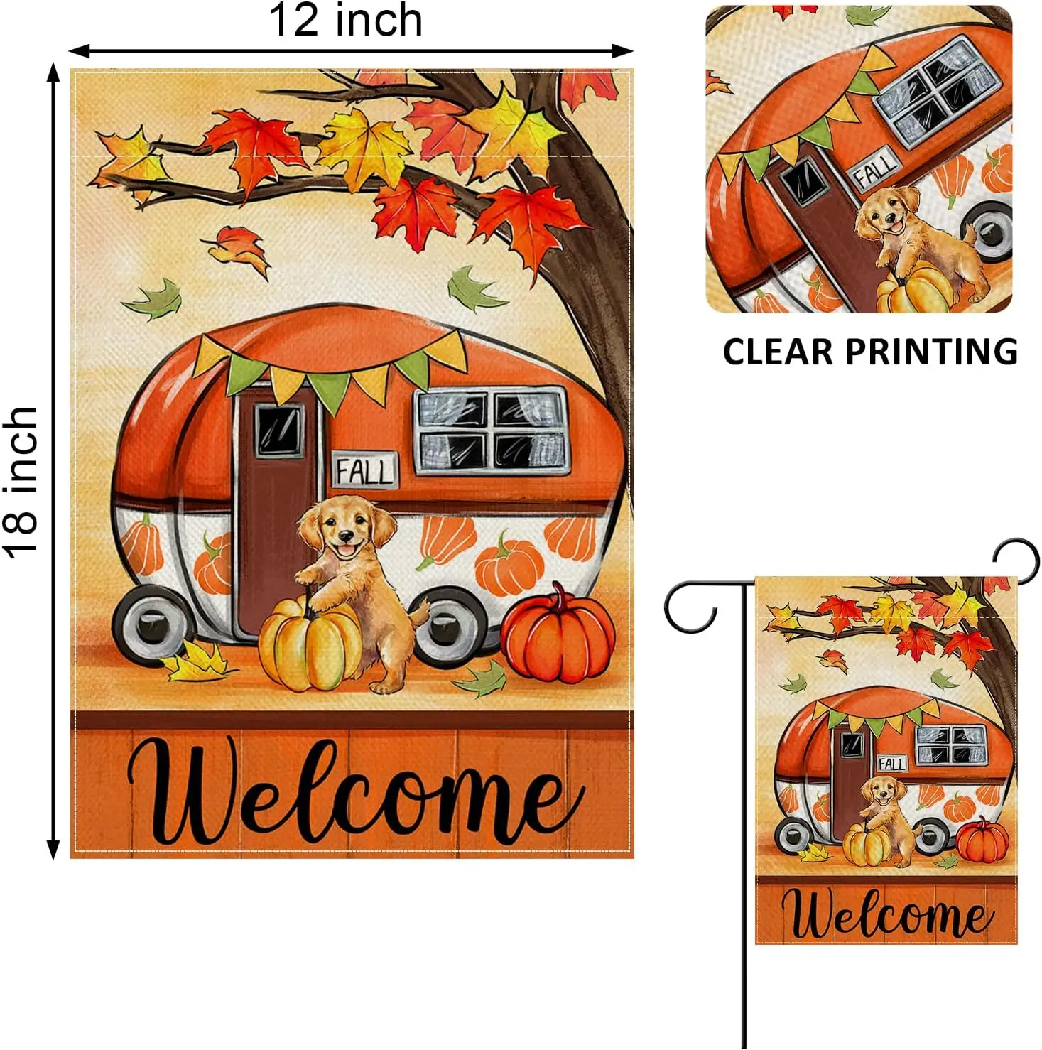 Welcome Fall Camping Car Decorative Garden Flag, Autumn Golden Retriever Dog Pumpkin Yard Outside Decorations, Maple Tree Farmho