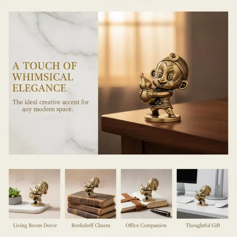 Retro Exquisite Brass Cartoon Sun Wukong Hug Gourd Figurine Home Desktop Decoration Ornaments Gift