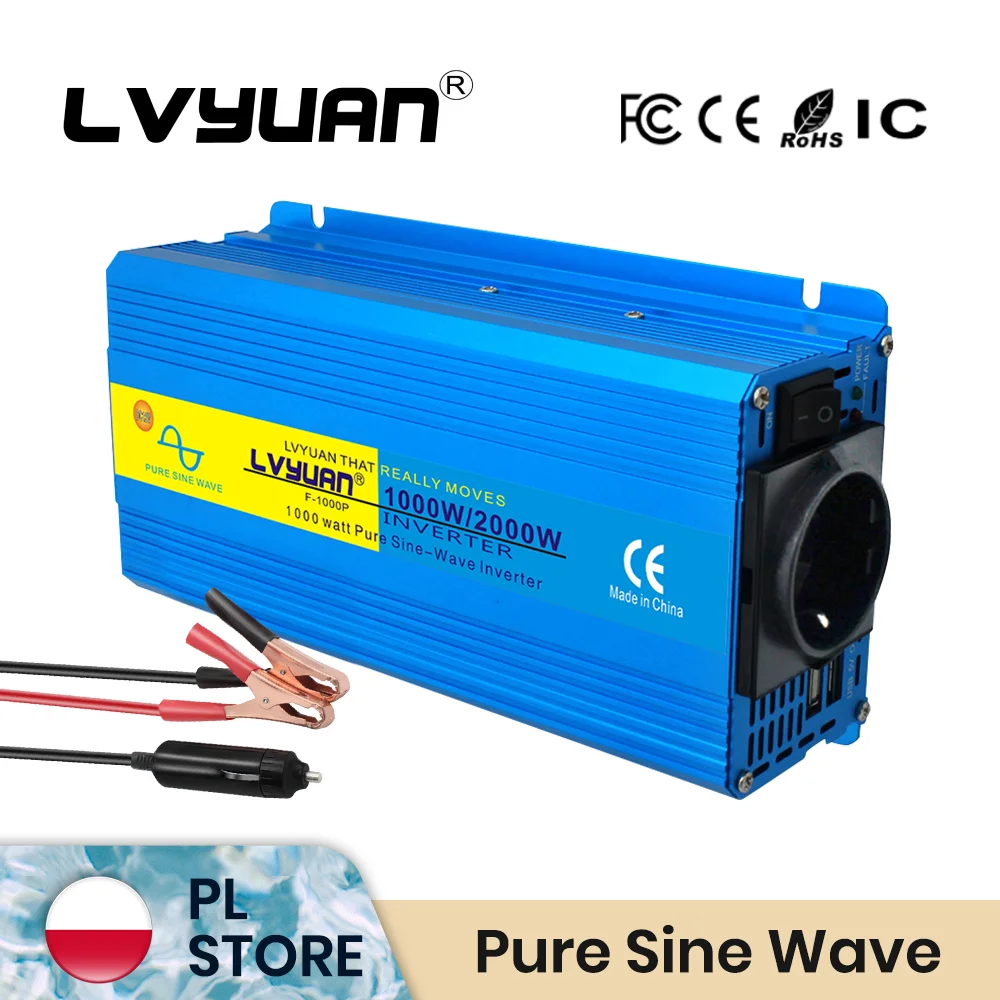 Inverter a Onda Sinusoidale Pura 1000W/2000W 12V/24V a 220V-230V 50Hz Convertitore di Potenza con Caricabatterie Presa EU Doppia USB per Camper, Sistemi Off-Grid, Camion, Barca