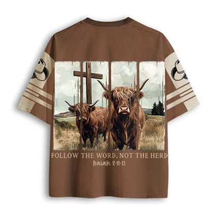 Highland Cow Cross Follow The Word Not The Herd Print Men V Neck Mesh Jersey Western Short Sleeve Top