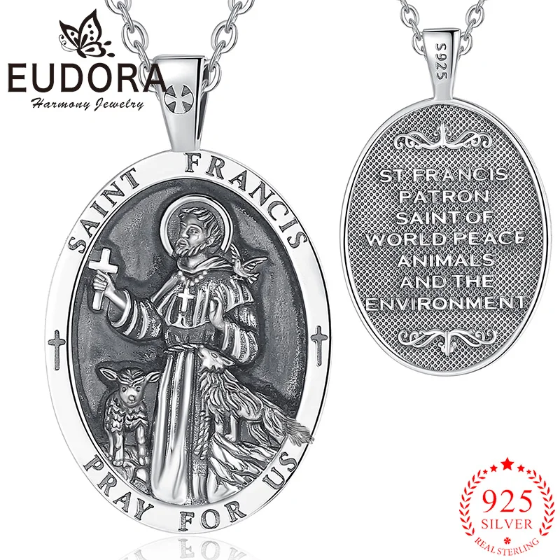 Eudora New 925 Sterling Silver Saint Francis Cross Necklace Catholic Believers Amulet Pendant for Men Women Vintage Jewelry