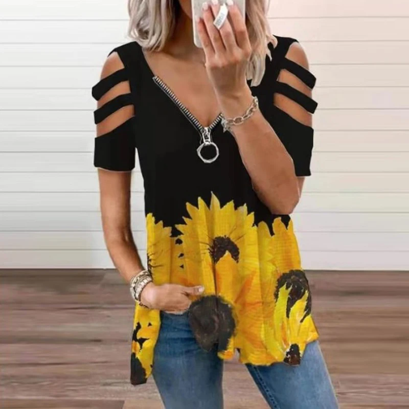 Camiseta de gran tamaño con estampado Floral para mujer, Top informal elegante con cremallera y cuello en V, ropa Sexy de talla grande para mujer 2022