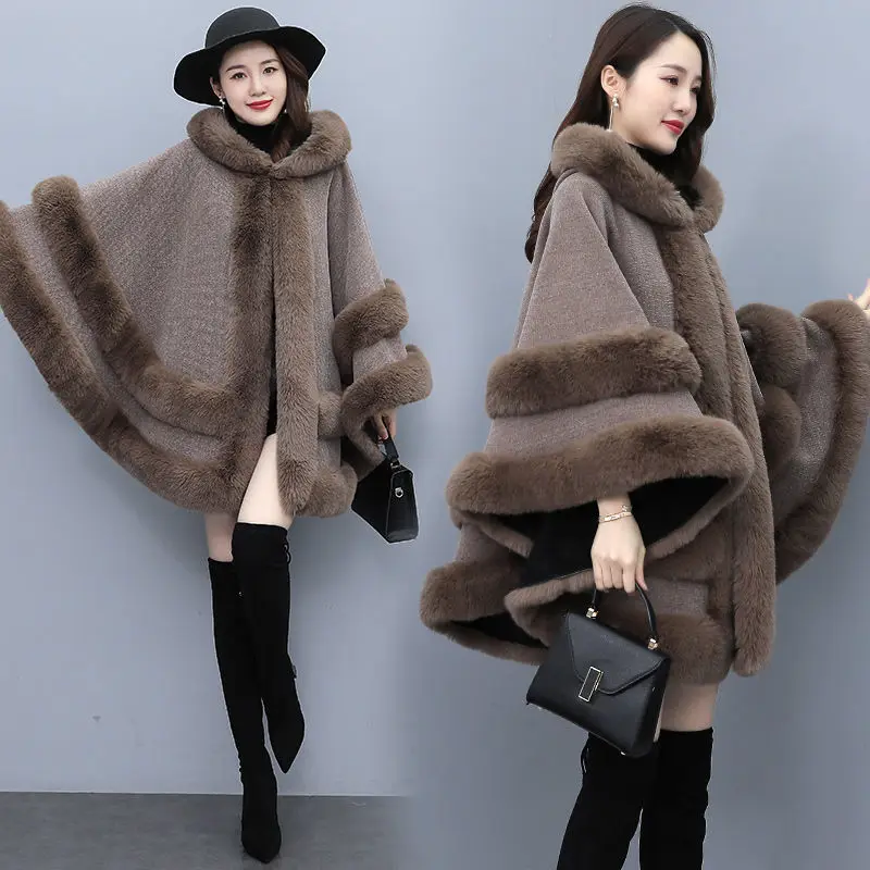 Fashion Faux Rex Rabbit Fur Capes Shawl Long Knit Poncho Coats Wraps  Pashmina Cloak Women Winter New Cape Mujer Casacos E559