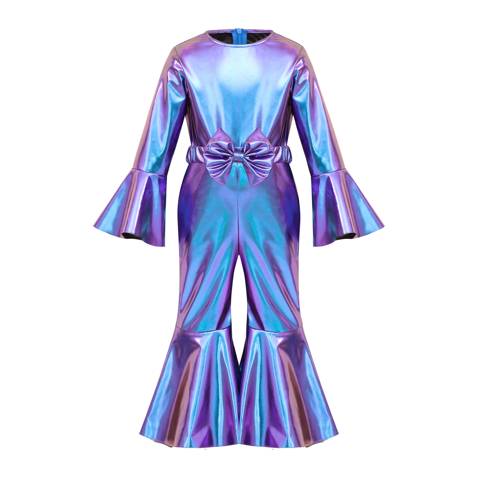 

Baby Girls Metallic Shiny Disco Jumpsuit Halloween Theme Party Birthday Photo Shoot Costume Zipper Flared Rompers with Bow Belt