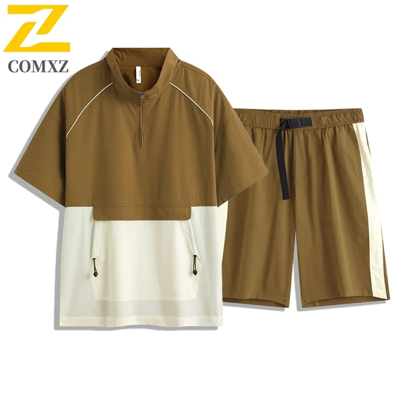 

Mens Plus Size Trendy Sunproof Tracksuit Solid Plain Collar Polo Shirt Nylon Ice Silk Quick Dry Short Sleeve And Shorts
