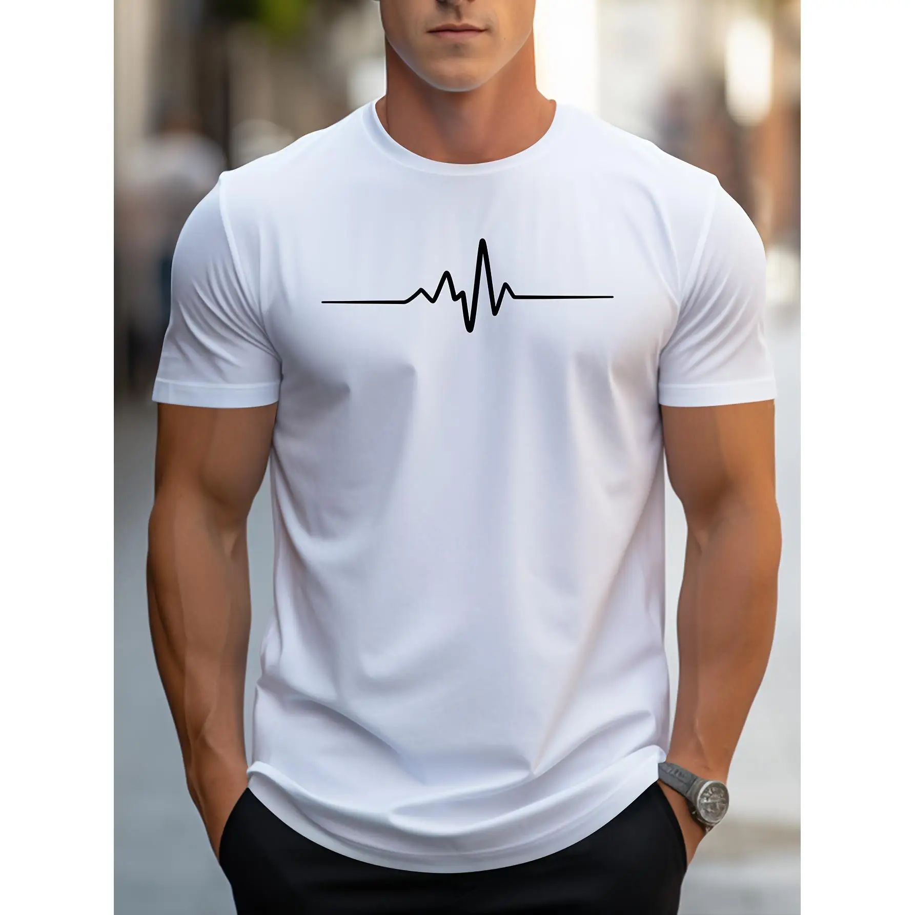 Camiseta de manga corta con cuello redondo para hombre, 100% poliéster, talla grande, estampado con dibujo creativo, ajustada, informal, deportiva