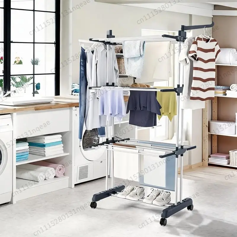 Folding Drying Rack Floor-to-ceiling Three-layer Indoor and Outdoor Mobile Drying Rack with Wheels Multifunctional Storage