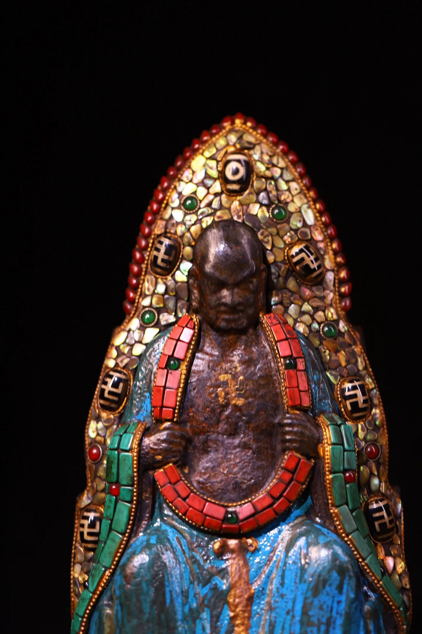 Old Natural Meteorite Mosaic Gem gZi Beads Turquoise Master Buddha The Great Monk Ksitigarbha Backlit Buddha Platform Buddha