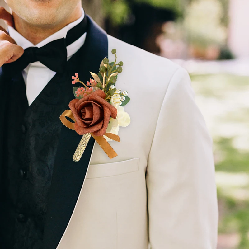 1PC Wedding Wrist Corsage Groom Man Boutonniere Silk Flowers Pins Bridesmaid Bracelet Artificial Roses Wedding Party Decoration
