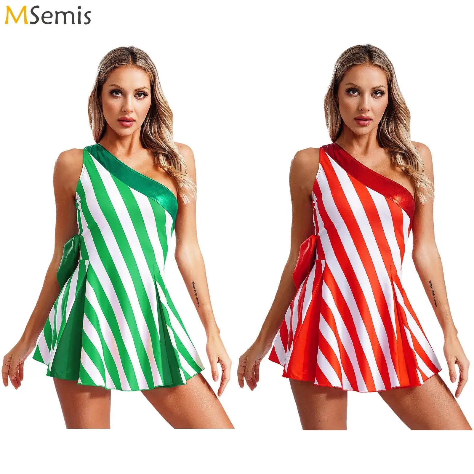 

Women Christmas Candy Cane Santa Claus Cosplay Costume Single Shoulder A-line Dress Bow Knot Stripes New Year Party Dance Dress