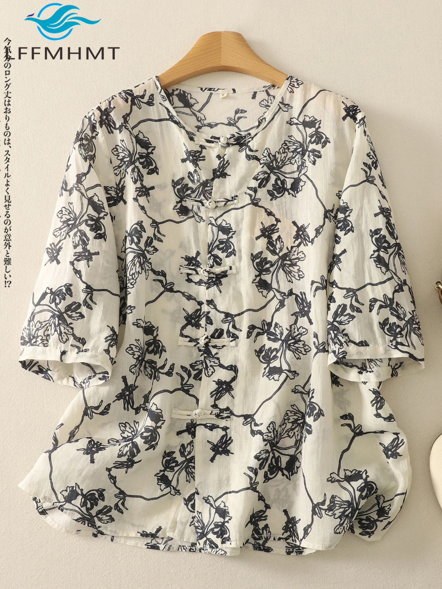 

Винтажная льняная рубашка в китайском стиле для женщин, летняя мода хорошего качества, элегантные мягкие удобные топы с короткими рукавами и цветочным принтом