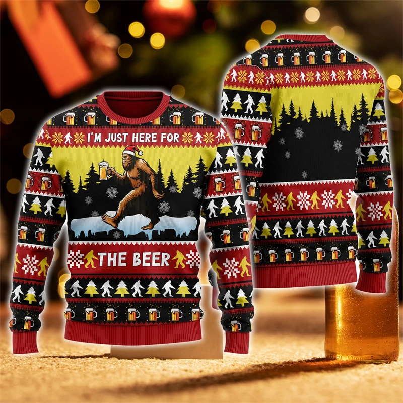 

2026 New Funny Beer Graphic Ugly Christmas Sweater Trendy Holiday Wear 3D Printed Xmas Sweatshirts Casual Oversized Pullovers