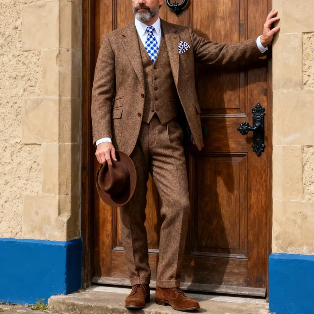 Men 3 Piece Suit Brown Woolen Notch Lapel Single Breasted Blazer Vest Trousers Formal Wedding Party Business Office Tuxedo