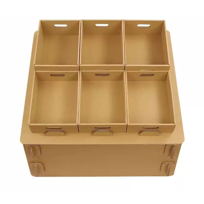 Kids Pretend Play Market Stall Counter Corrugated Paper Grocery Booth with 6 Storage Bins Role‑play DIY Craft Kit Toy