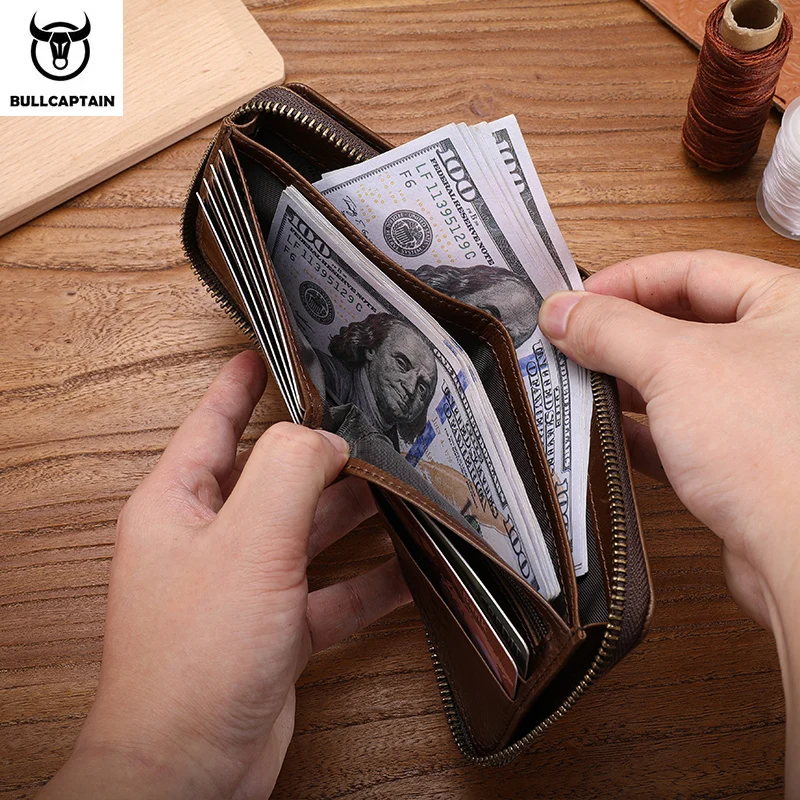BULLCAPTAIN 정품 가죽 남성용 지퍼 지갑 RFID 차단 이중 지갑 ID 창 지퍼 동전 주머니가있는 신용 카드 홀더