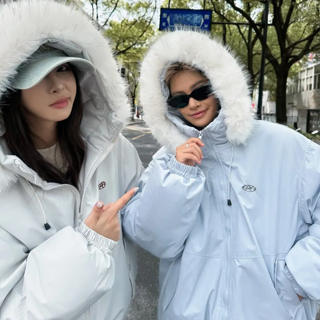 

Unisex Thickened Winter Cotton Jacket With Fur Collar Hooded Coat For Couples Men's Style Warm Outerwear Casual Streetwear