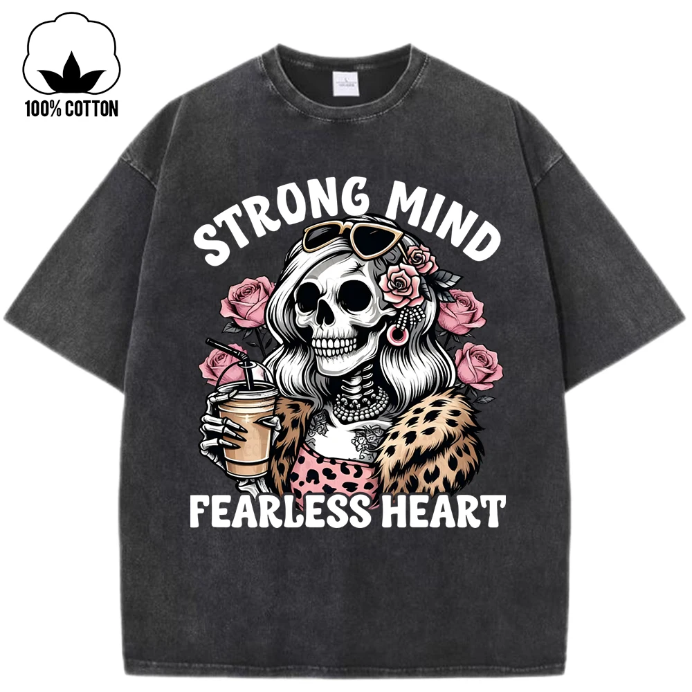 

Strong Fearless Flower Skulls Printing Washed Holes T-Shirt Woman Summer Cotton T Shirts Crewneck Y2K Clothes Loose Sportswear