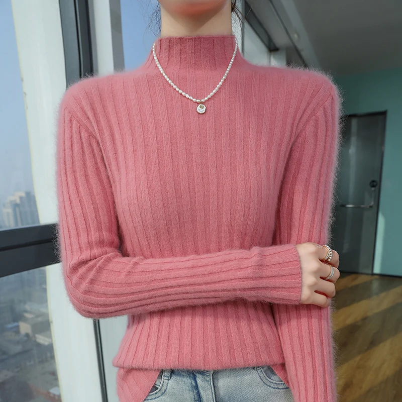 100% Pure Mink Cashmere Knit Pullover Lady's Semi-High Neck Slim Sprout Sweater Casual Joker Warm Bottoming Shirt Autumn Blouse