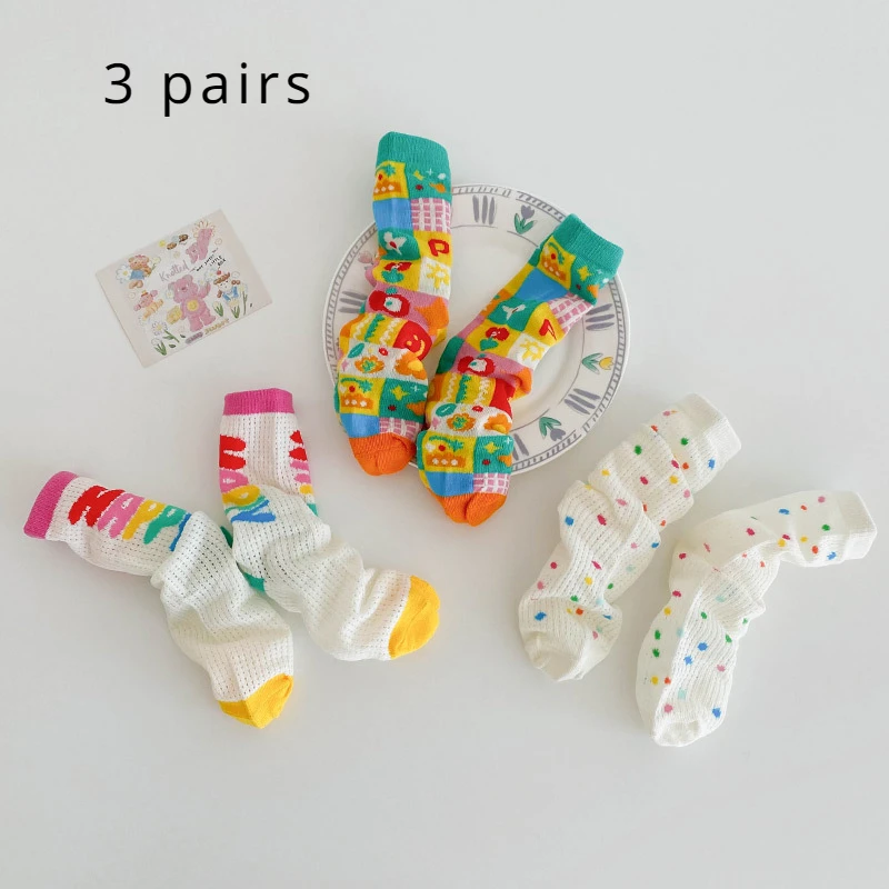 3 Pairs of Summer Girls New Thin Mesh Breathable Children's Ins Series Rainbow Letters Cute Fashion Mid-tube Socks