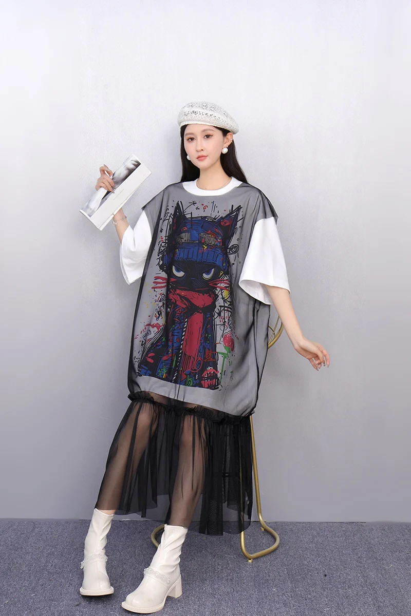 2025 夏のファッションエレガントなルーズメッシュロング Tシャツドレス女性半袖ドレスレディース卸売 J1124