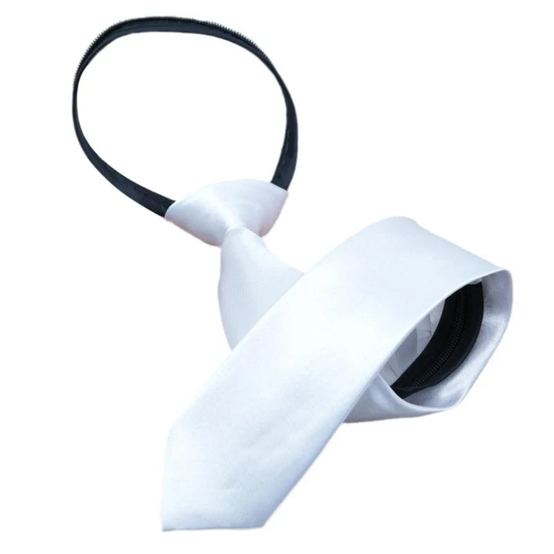 

652F Classical White Zippered Tie for Dress Shirt Accessory Fashion Pre Tied White Silk Necktie for Wedding and Formal Party