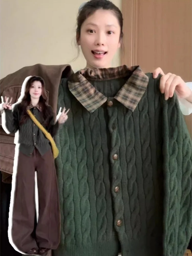 

Retro American Green Plaid Knitted Sweater Women's Spring Design Turn-down Collar Open Cardigan Outerwear Fake Two-Piece