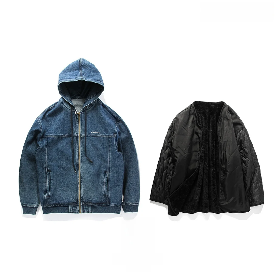 

Retro American Denim Waed Fce Lined Loose Men's Workwear Hooded Jaet Cotton Coat Youth Trend Autumn Wear