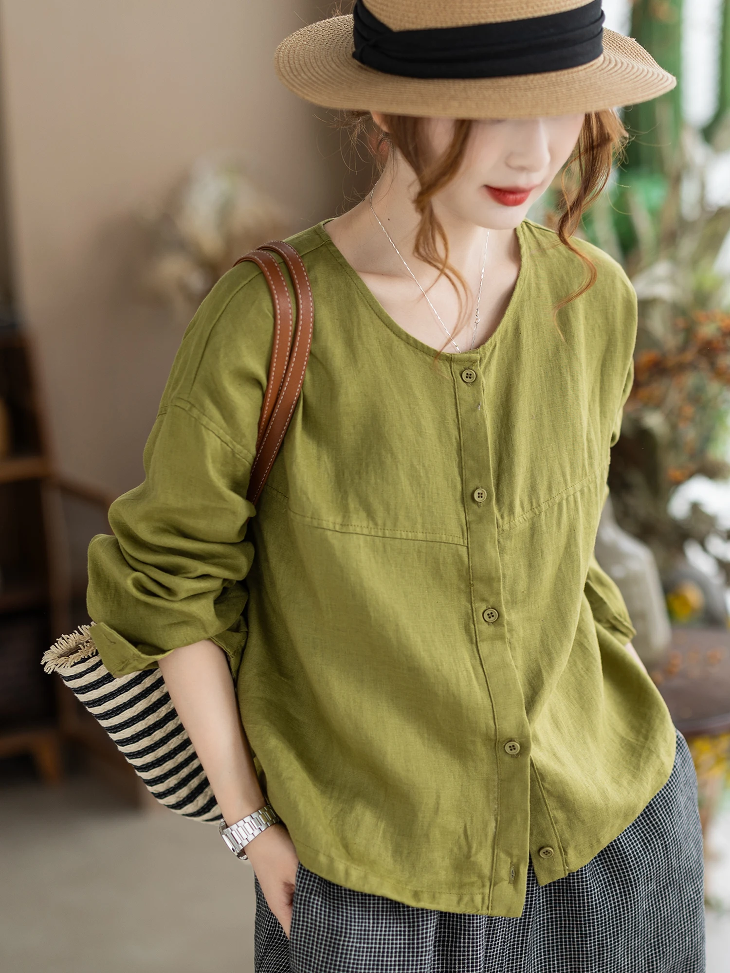 

Женская блузка Kamiyu в стиле ретро с круглым вырезом, свободного кроя, с длинным рукавом, повседневная, весна-осень, универсальная, свободная посадка