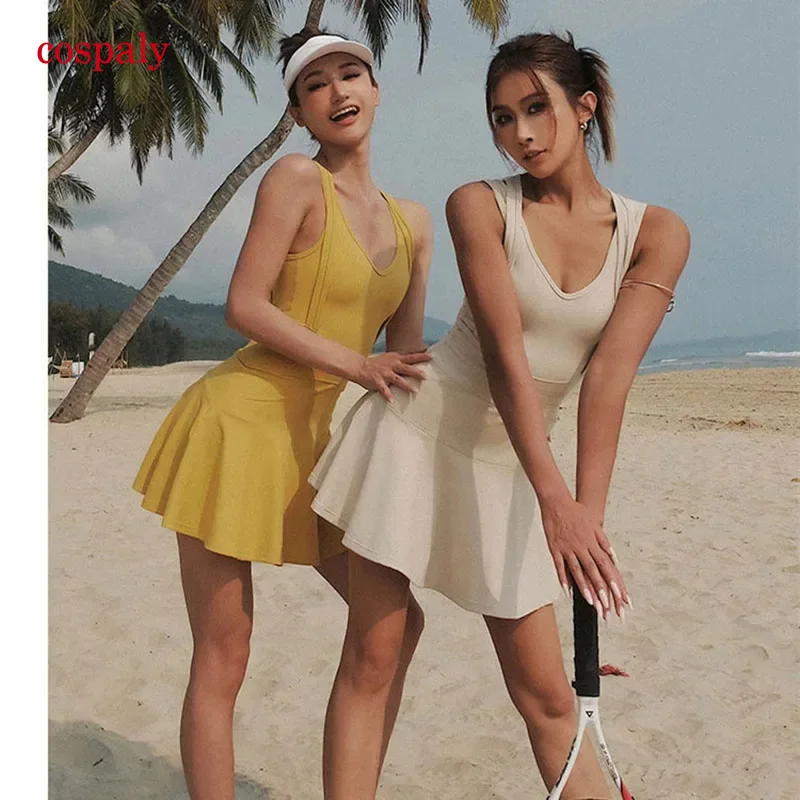 A Tennis Dress Female Sleeveless Sport Suits Training Running Fitness Short Skorts Golf Badminton Tracksuits Padded Yoga Skirts