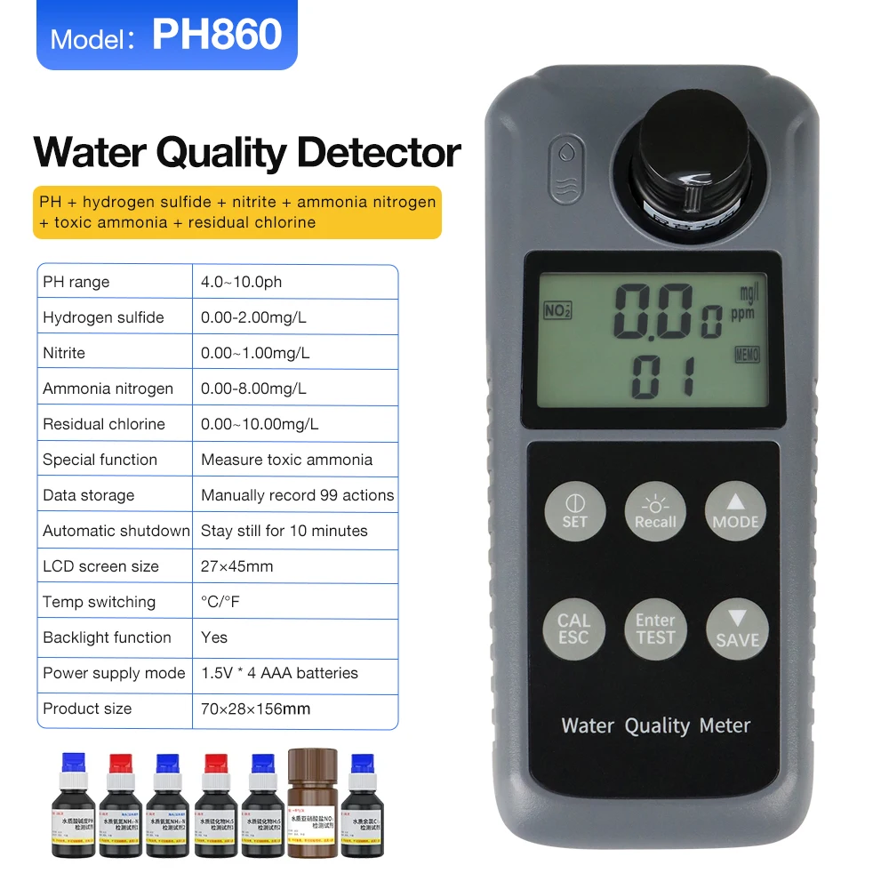 Multiparameter PH/Hydrogen Sulfide/Nitrite/Ammonia Nitrogen/Toxic Ammonia/Residual Chlorine Meter Water Quality Tester