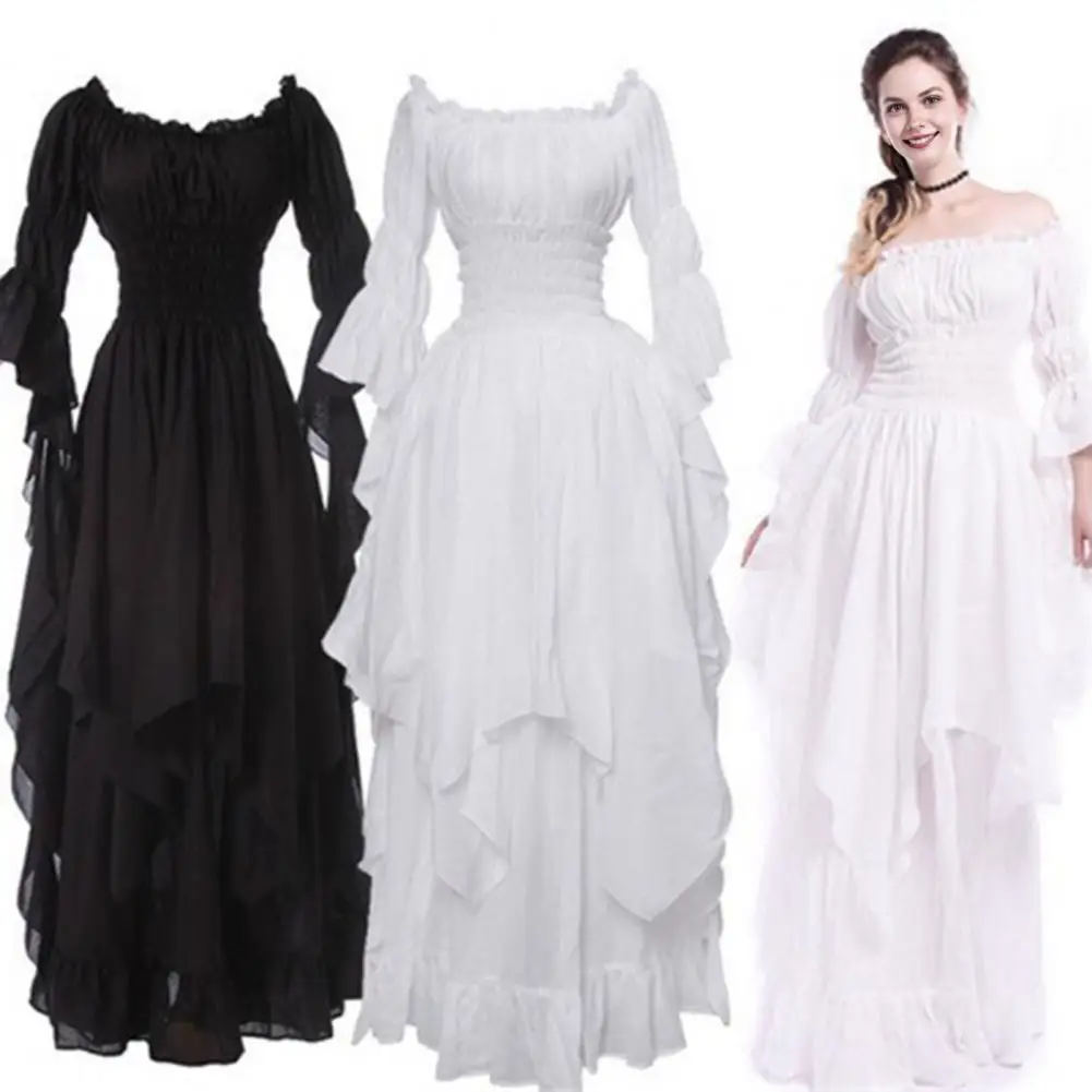 Off Shoulder Gothic Women Ball Gown Long Horn Sleeves Irregular Layered Pleated Solid Color Retro Renaissance Party Maxi Dress