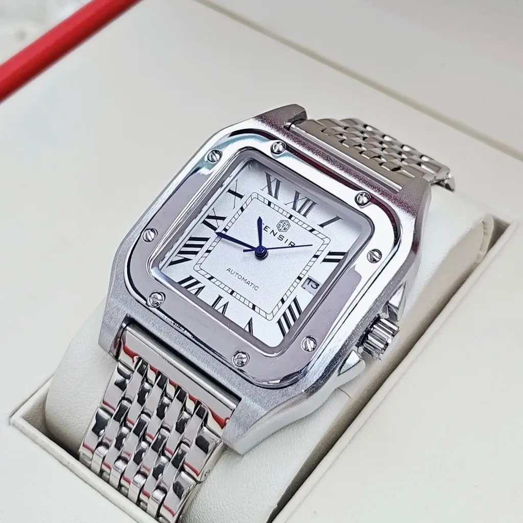 ساعة رجال الأعمال الفاخرة من سلسلة Santos Tank، مينا مربعة، مع عرض التقويم، حزام مشبك على شكل فراشة من الفولاذ المقاوم للصدأ، ساعة يد رجالية عصرية كاجوال وبسيطة وأنيقة، أفضل هدية له