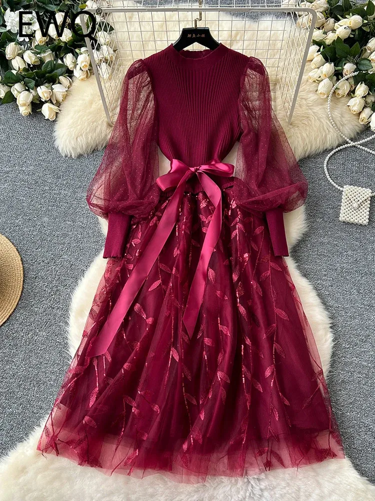 EWQ Vintage Knitted Dress Female Long Lantern Sleeves Mesh Patchwork A Line Sequined Party Long Belt Dresses Ladies SM12080