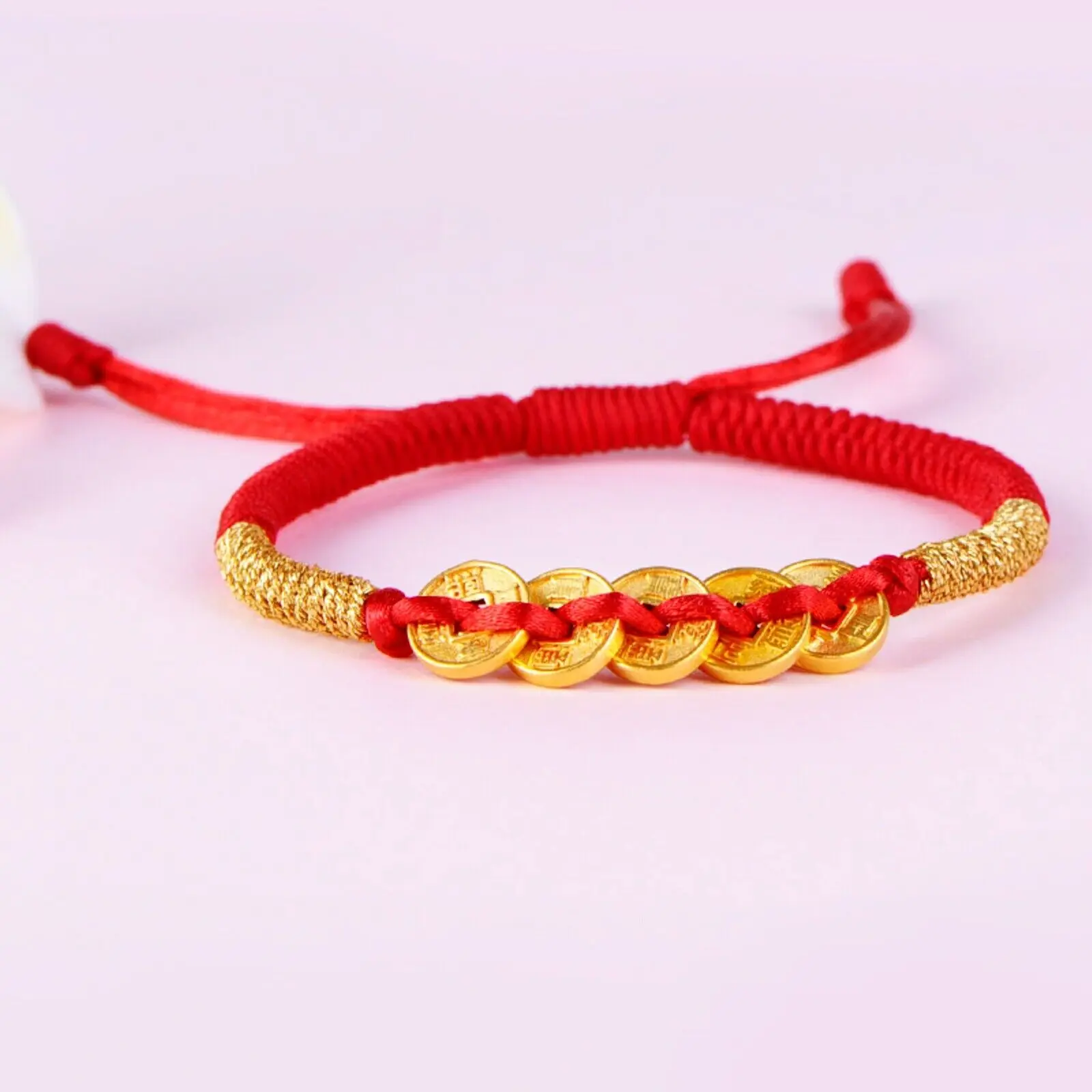 1pcs 999 24K Yellow Gold Bracelet For Women 3D Lucky Five Emperor Coins Red String Knitted Bracelet 16cm Length