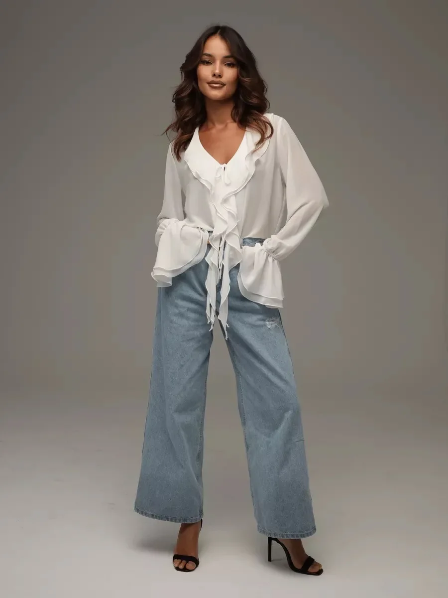 Spring New Fashion Ruffle Long-sleeved V-neck Lace-up Versatile Shirt Women's European American Style Cross-border Women