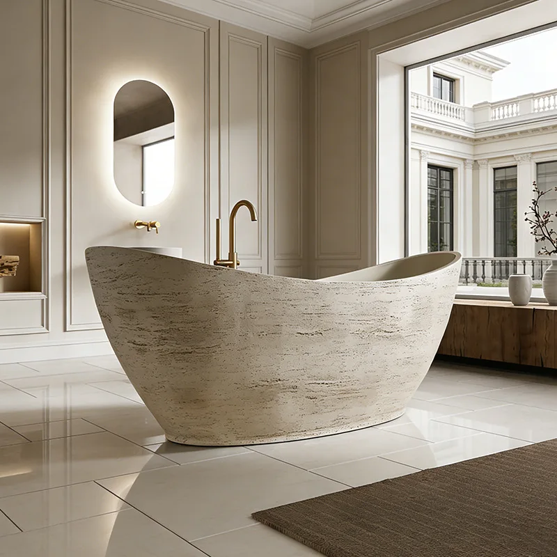 Hotel Wind Moon Shape Blue Travertine Bathtub Artistic Natural Texture Freestanding Thickened Durable Bathtub
